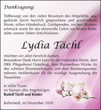 Traueranzeige von Lydia Tächl  von Magdeburger Volksstimme