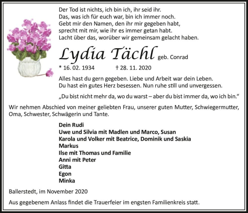  Traueranzeige für Lydia Tächl (geb. Conrad)  vom 04.12.2020 aus Magdeburger Volksstimme
