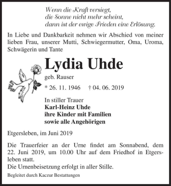 Traueranzeige von Lydia Uhde (geb. Rauser)  von Magdeburger Volksstimme