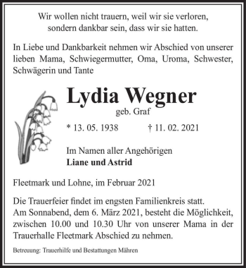 Traueranzeige von Lydia Wegner (geb. Graf)  von Magdeburger Volksstimme