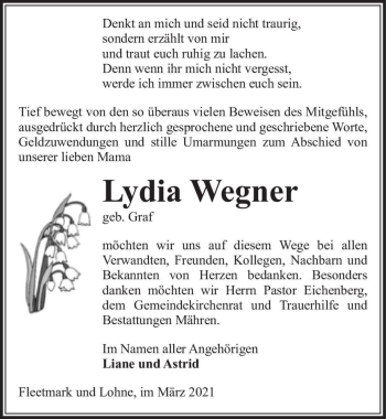 Traueranzeige von Lydia Wegner (geb. Graf)  von Magdeburger Volksstimme