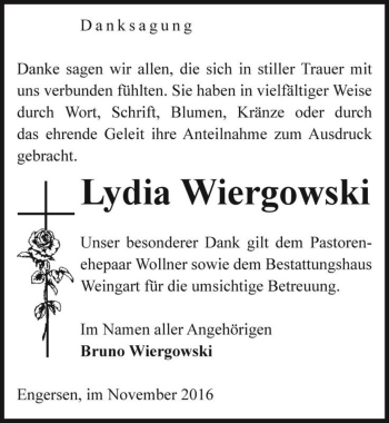 Traueranzeige von Lydia Wiergowski  von Magdeburger Volksstimme