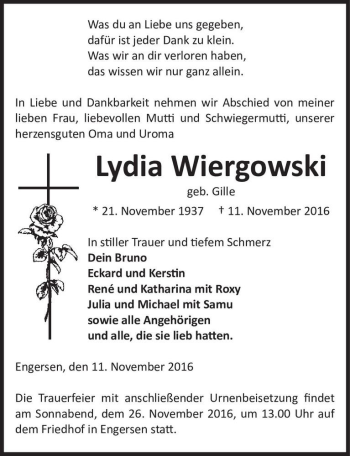 Traueranzeige von Lydia Wiergowski (geb. Gille)  von Magdeburger Volksstimme