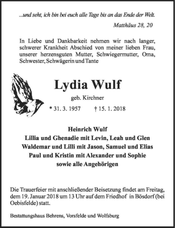 Traueranzeige von Lydia Wulf (geb. Kirchner)  von Magdeburger Volksstimme