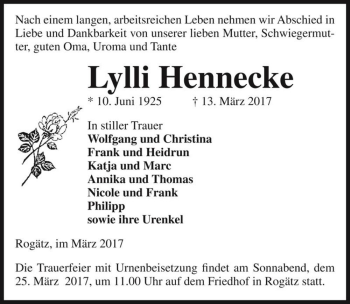 Traueranzeige von Lylli Hennecke  von Magdeburger Volksstimme