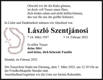 Traueranzeige von László Szentjánosi  von Magdeburger Volksstimme