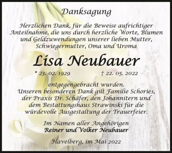 Traueranzeige von Lísa Neubauer  von Magdeburger Volksstimme
