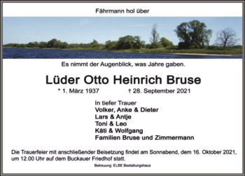 Traueranzeige von Lüder Otto Heinrich Bruse  von Magdeburger Volksstimme