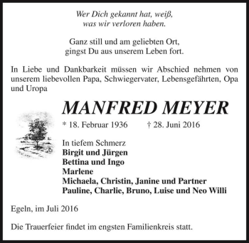 Traueranzeige von MANFRED MEYER  von Magdeburger Volksstimme