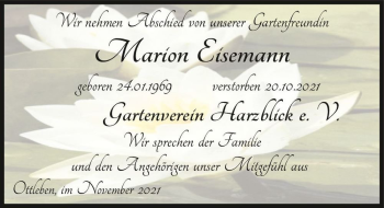 Traueranzeige von MArion Eisemann  von Magdeburger Volksstimme