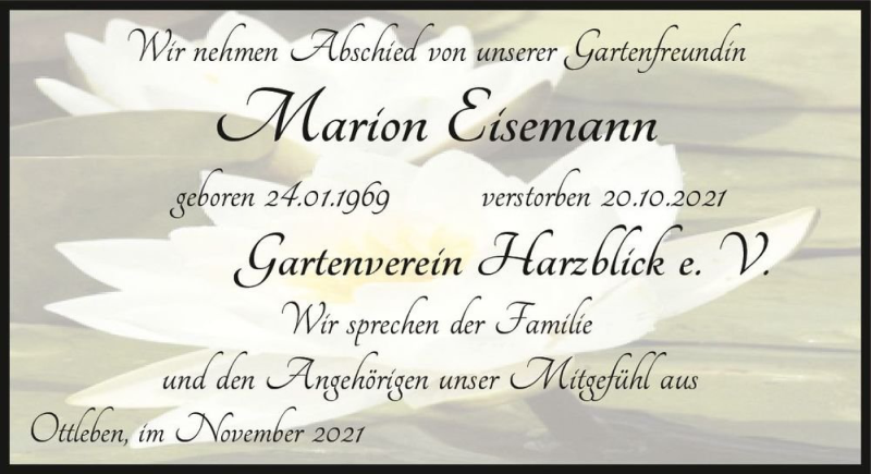  Traueranzeige für MArion Eisemann  vom 06.11.2021 aus Magdeburger Volksstimme