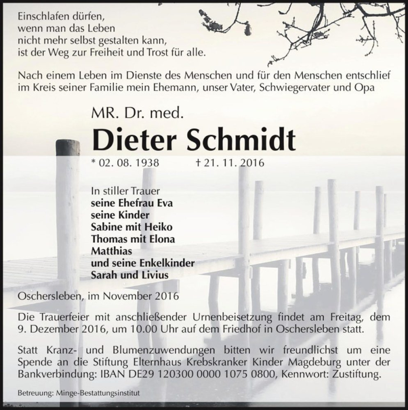  Traueranzeige für MR. Dr. med. Dieter Schmidt  vom 25.11.2016 aus Magdeburger Volksstimme