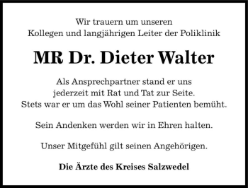 Traueranzeige von MR Dr. Dieter Walter  von Magdeburger Volksstimme