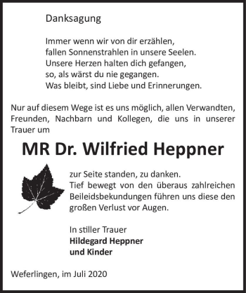 Traueranzeige von MR Dr. Wilfried Heppner  von Magdeburger Volksstimme