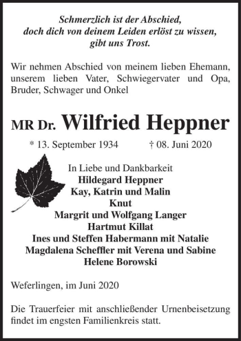 Traueranzeige von MR Dr. Wilfried Heppner  von Magdeburger Volksstimme