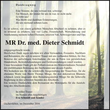 Traueranzeige von MR Dr. med. Dieter Schmidt  von Magdeburger Volksstimme
