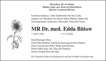 Traueranzeige von MR Dr. med. Edda Bütow  von Magdeburger Volksstimme
