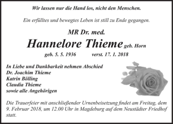 Traueranzeige von MR Dr. med. Hannelore Thieme (geb. Horn)  von Magdeburger Volksstimme