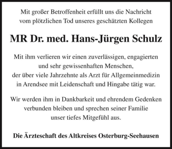 Traueranzeige von MR Dr. med. Hans-Jürgen Schulz  von Magdeburger Volksstimme