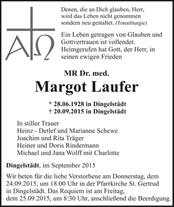 Traueranzeige von MR Dr. med. Margot Laufer  von Magdeburger Volksstimme