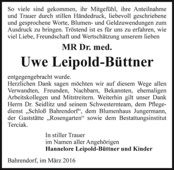 Traueranzeige von MR Dr. med. Uwe Leipold-Büttner  von Magdeburger Volksstimme