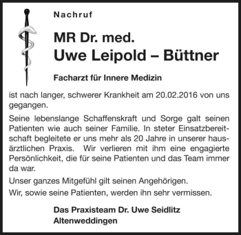 Traueranzeige von MR Dr. med. Uwe Leipold-Büttner  von Magdeburger Volksstimme