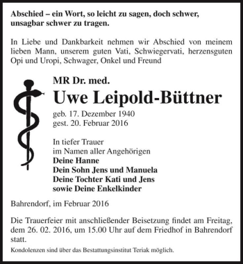 Traueranzeige von MR Dr. med. Uwe Leipold-Büttner  von Magdeburger Volksstimme