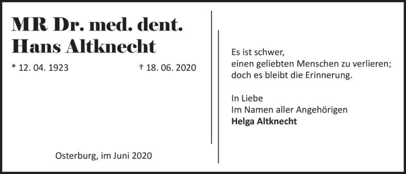  Traueranzeige für MR Dr. med. dent. Hans Altknecht  vom 27.06.2020 aus Magdeburger Volksstimme