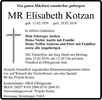 Traueranzeige von MR Elisabeth Kotzan  von Magdeburger Volksstimme