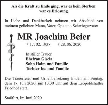 Traueranzeige von MR Joachim Beier  von Magdeburger Volksstimme