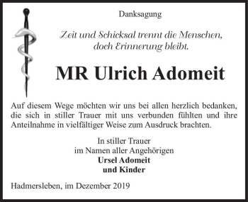 Traueranzeige von MR Ulrich Adomeit  von Magdeburger Volksstimme