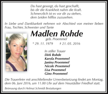 Traueranzeige von Madlen Rohde (geb. Proemmel)  von Magdeburger Volksstimme