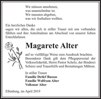 Traueranzeige von Magarete Alter  von Magdeburger Volksstimme