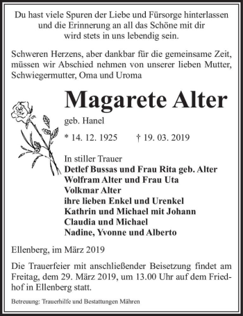 Traueranzeige von Magarete Alter (geb. Hanel)  von Magdeburger Volksstimme
