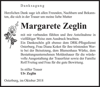 Traueranzeige von Magarete Zeglin  von Magdeburger Volksstimme