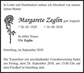 Traueranzeige von Magarete Zeglin (geb. Joppich)  von Magdeburger Volksstimme