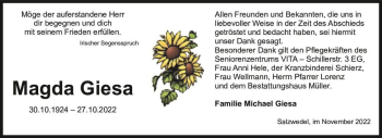 Traueranzeige von Magda Giesa  von Magdeburger Volksstimme