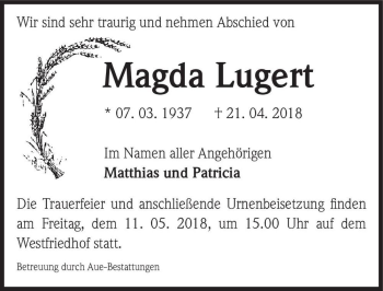 Traueranzeige von Magda Lugert  von Magdeburger Volksstimme