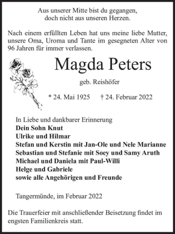 Traueranzeige von Magda Peters (geb. Reishöfer)  von Magdeburger Volksstimme