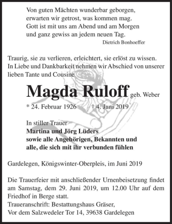 Traueranzeige von Magda Ruloff (geb. Weber)  von Magdeburger Volksstimme