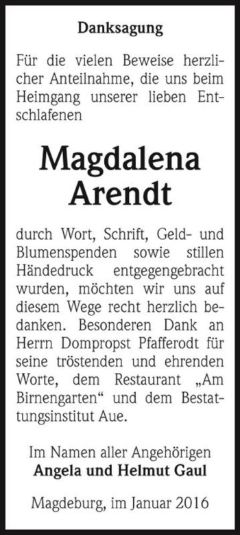 Traueranzeige von Magdalena Arendt  von Magdeburger Volksstimme