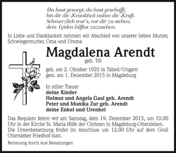 Traueranzeige von Magdalena Arendt (geb. Till)  von Magdeburger Volksstimme