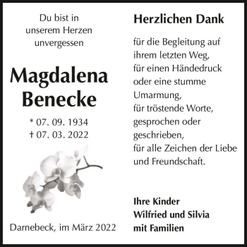 Traueranzeige von Magdalena Benecke  von Magdeburger Volksstimme