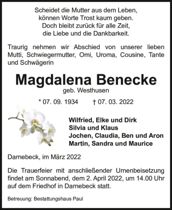 Traueranzeige von Magdalena Benecke (geb. Westhusen)  von Magdeburger Volksstimme
