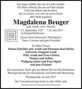Traueranzeige von Magdalena Beuger (geb. Arndt, verw. Stecher )  von Magdeburger Volksstimme