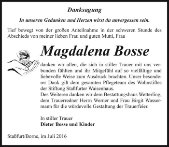 Traueranzeige von Magdalena Bosse  von Magdeburger Volksstimme
