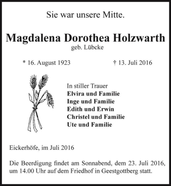 Traueranzeige von Magdalena Dorothea Holzwarth (geb. Lübcke)  von Magdeburger Volksstimme