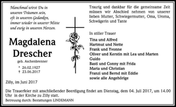 Traueranzeige von Magdalena Drescher (geb. Aschenbrenner)  von Magdeburger Volksstimme