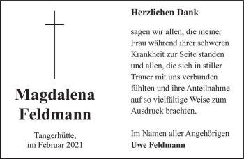 Traueranzeige von Magdalena Feldmann  von Magdeburger Volksstimme