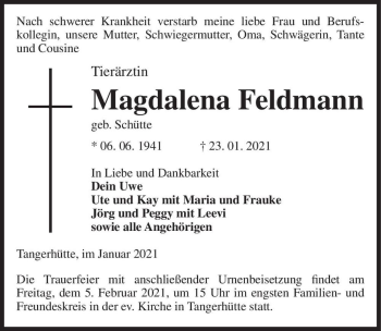 Traueranzeige von Magdalena Feldmann (geb. Schütte)  von Magdeburger Volksstimme